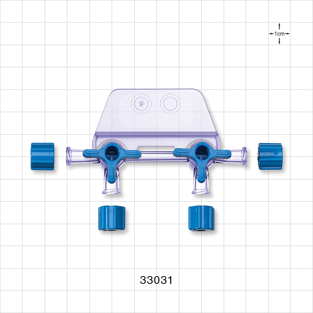 2-Gang Stopcock Manifold, 4 Female Luer Locks, Non-Vented Caps